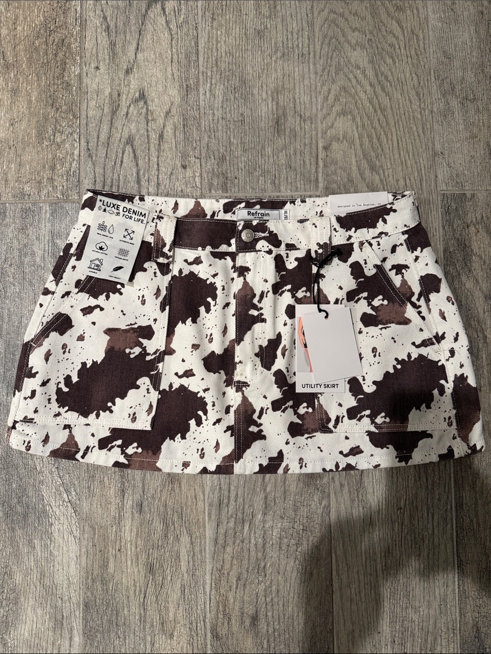 Refrain Cow Print Utility Skirt - White & Brown